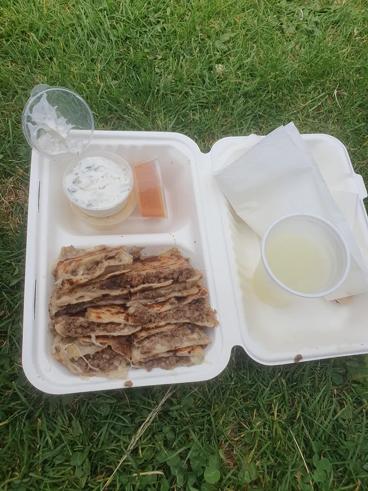 Takeaway box of beef mince gozleme slices with yoghurt dip and lemonade on grass